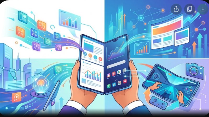 Футуристичный интерфейс складного смартфона с элементами многозадачности в прогнозе трендов софта от Диджи Гуру